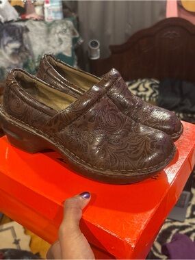 b.o.c. Brown Floral Embossed Leather Clogs